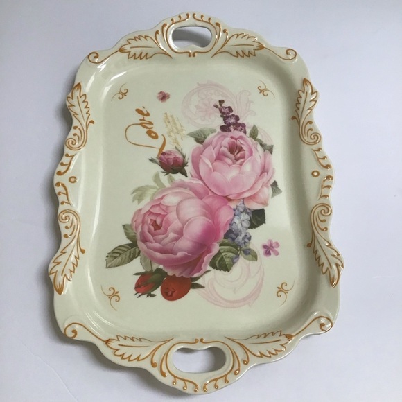 NEW Floral Serving Tray Melamine Handles Cream Pink Peonies Tea Vanity Serving - Picture 5 of 14